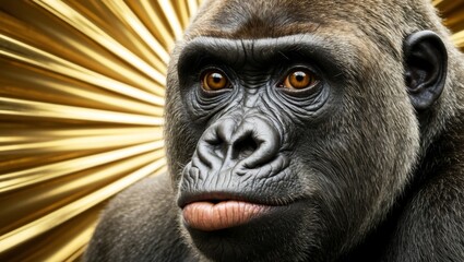 Obraz premium A close-up of a gorilla's face against a golden starburst background