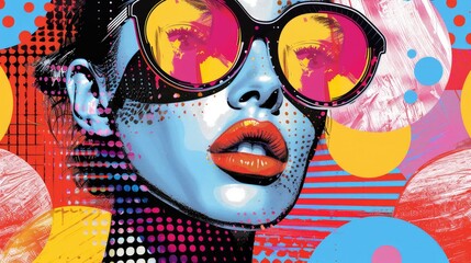 A stylized portrait of a woman wearing oversized sunglasses, with a vibrant color palette and bold graphic elements.