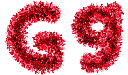 letter G made from New Year's tinsel, isolated Christmas tinsel, tinsel garland