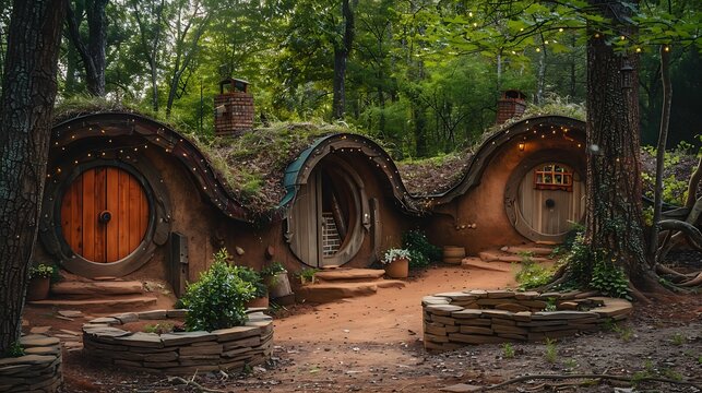 Small round doored fairytale style cottages in the dirt a shire of humans