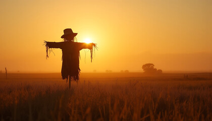 Straw Scarecrow on a Stick in a Field at Sunset, Warm Orange Tones
