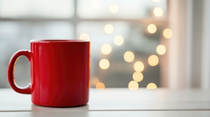 Fototapeta premium Red coffee mug in focus on a white background, with blurred bokeh lights in the background, ideal for creative design.