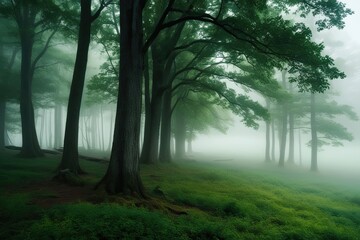 Fototapeta premium Serene Misty Forest Landscape in Lush Green Wilderness