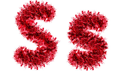 letter S made from New Year's tinsel, isolated Christmas tinsel, tinsel garland