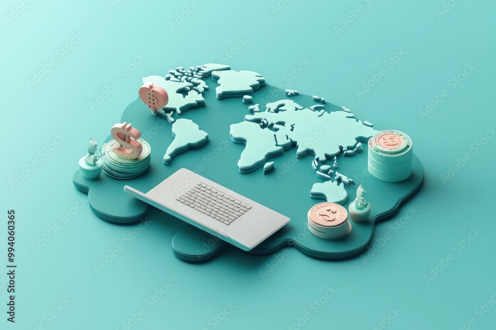 Poster A digital representation of global finance with a laptop, currency symbols, and a world map.