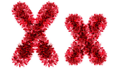 letter X made from New Year's tinsel, isolated Christmas tinsel, tinsel garland