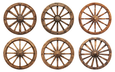 Set of rustic wooden wagon wheels in vintage style isolated on transparent background