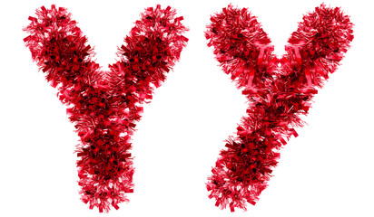 letter Y made from New Year's tinsel, isolated Christmas tinsel, tinsel garland