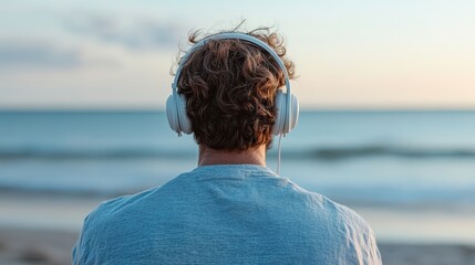 A man wearing a blue shirt enjoys peaceful moments by the sea while listening to music with white headphones and appreciating the serene, scenic ocean view.