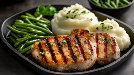 Grilled Pork Chops with Mashed Potatoes and Green Beans