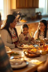 family gatheed for dinner in modern kitchen with traditional dishes on table, lifestyle. Native American heritage day concept for design, poster