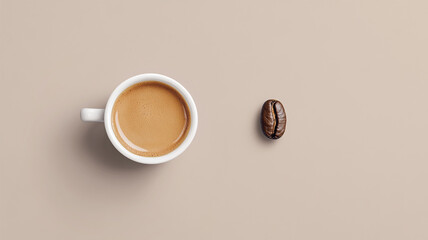 A freshly brewed cup of coffee placed beside a single coffee bean on a beige background, showcasing the allure of morning rituals