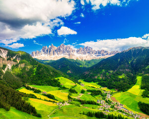 Obraz premium Aerial view of Dolomites and St. Magdalena