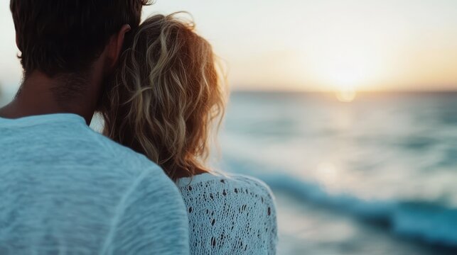 A couple with their backs to the camera are closely embracing and watching the sunset by the sea, creating a serene and romantic scene at the beach. - Powered by Adobe