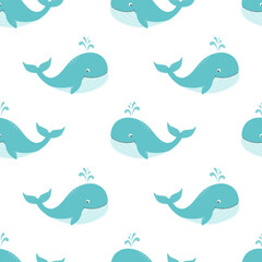 Seamless pattern with cute cartoon smiling whale with fountain. Sea background with a blue whale. Vector.