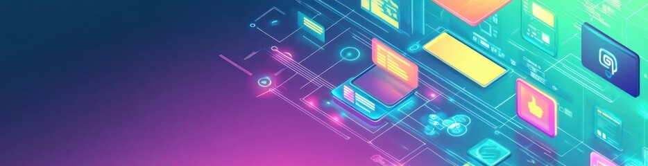 Colorful digital interface with app icons and data elements.