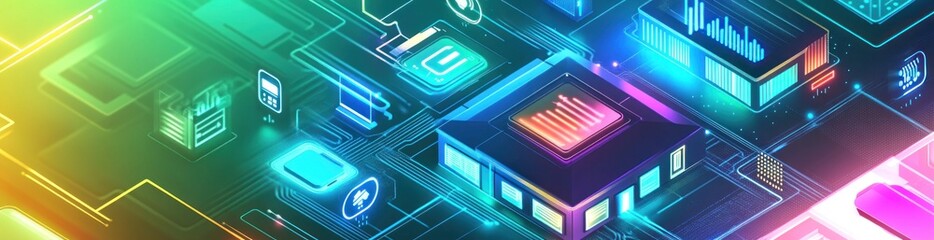 A vibrant digital landscape showcasing technology and data visualization elements.