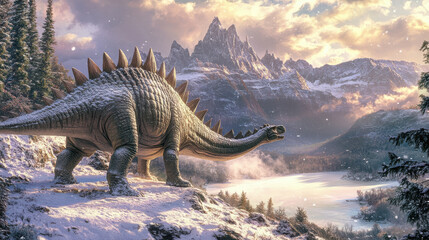 A massive Stegosaurus standing on a snowy hill, its plates covered with a light dusting of snow, as...