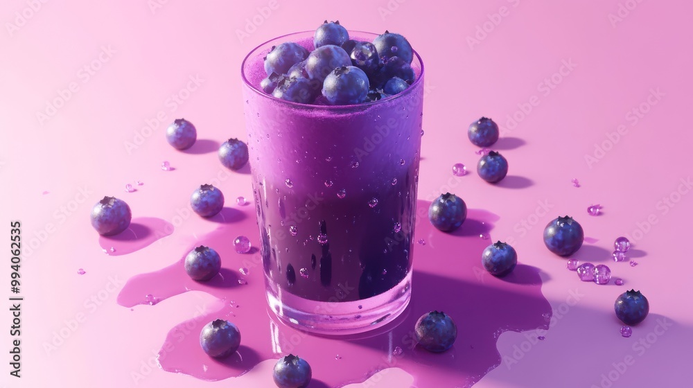 Wall mural A glass of blueberry juice garnished with fresh blueberries, set against a pink background.