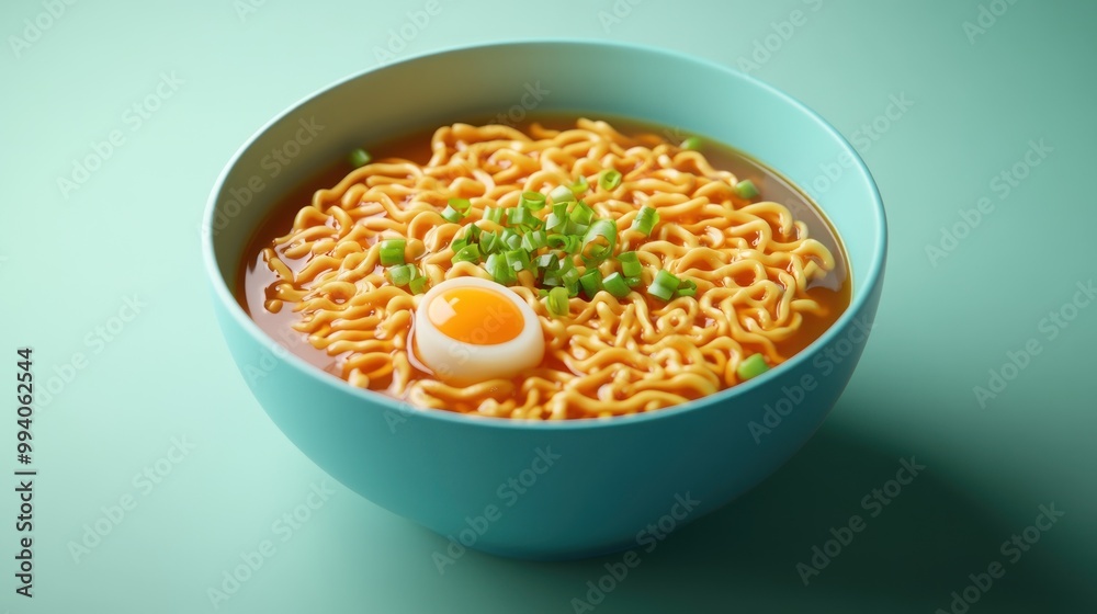 Sticker A bowl of ramen with a soft-boiled egg and green onions on a light background.