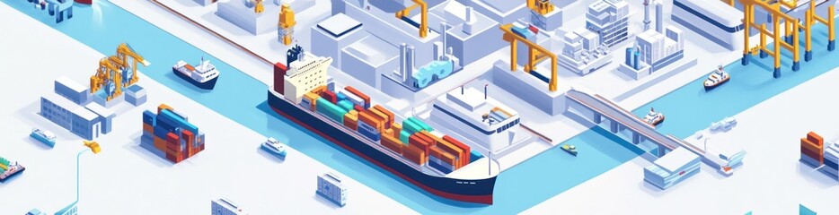 A colorful, stylized illustration of a port with ships and containers.