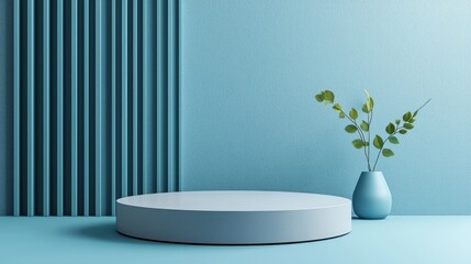 Minimalist Blue Podium with Green Plant and Striped Background