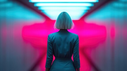 A stylish woman in a teal blazer, standing in a pink-tinted hallway, merges elements of sophistication and modernity, exploring the interplay of color, light, and fashion.