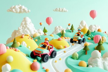 A playful scene with toy cars and figures on colorful hills under a bright sky.