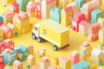 Fototapeta premium A colorful 3D scene featuring a delivery truck surrounded by vibrant houses and packages.