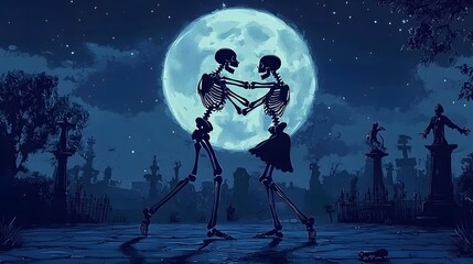 Naklejka premium Two skeletons dance together under a full moon in a graveyard setting.