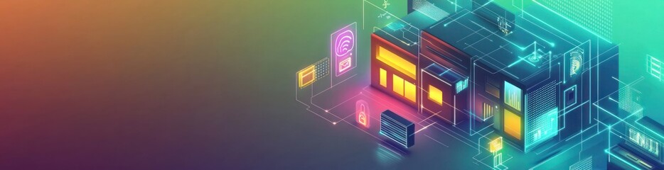 A vibrant digital illustration of futuristic buildings and neon signage.