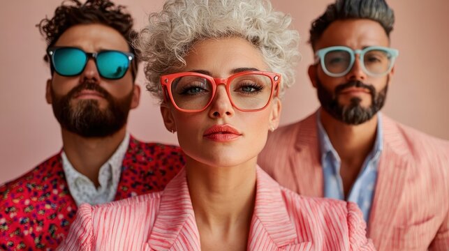 Three fashion-forward friends pose confidently, showcasing contemporary style and camaraderie, set against a tastefully designed, colorful backdrop.