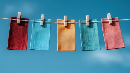Colorful fabric pieces in shades of red, blue, orange, and green are clipped onto a clothesline, fluttering gently against the backdrop of a clear blue sky.