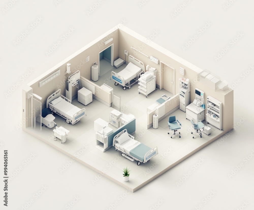 Poster A minimalist isometric illustration of a hospital room with medical equipment and beds.