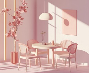 Fototapeta premium A serene dining area with soft pink tones, featuring a round table and stylish chairs.