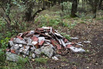 Abandoned construction waste in the forest, environmental pollution.
