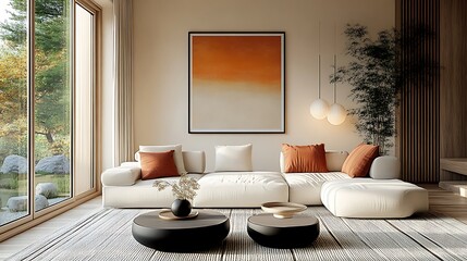  Japandi, scandinavain interior design of modern living room. 