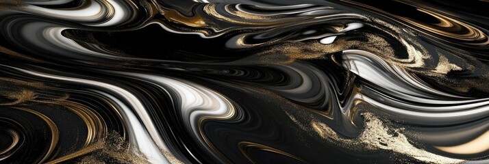 Fototapeta premium Abstract Black and Gold Fluid Art with Pearlescent Swirls, Panoramic Banner