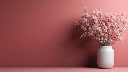 Aesthetic composition of a white vase filled with soft pink flowers set against a pink wall, representing simple beauty, elegance, and a touch of nature indoors.