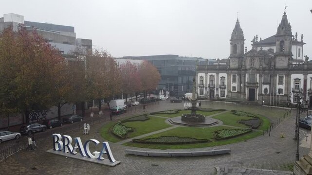 Aerial view of the Church of S&atilde;o Marcos, in Braga on a foggy day