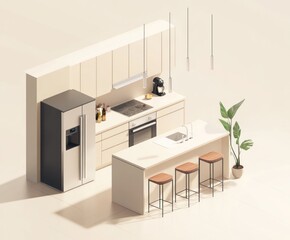 Fototapeta premium Modern kitchen interior featuring appliances, seating, and a plant for a stylish look.
