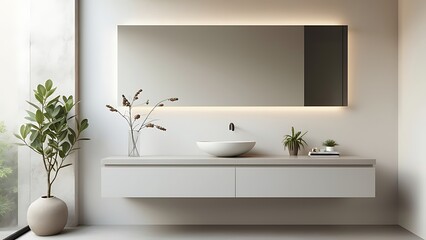 A sleek minimalist bathroom featuring a floating vanity for a clean and modern look. The uncluttered design and simple lines create a tranquil and contemporary space.