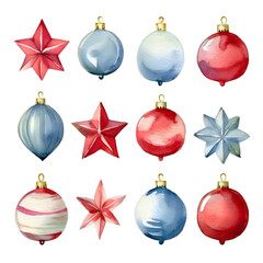 Christmas-red color themed watercolor cute clipart hand drawing, Christmas Ornaments &ndash; Various shapes like balls, stars, or bells