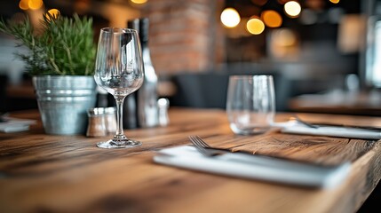 An elegantly set table in a modern restaurant, featuring a minimalist yet stylish design, with glassware, potted herbs, and sophisticated lighting creating a warm, inviting ambiance.