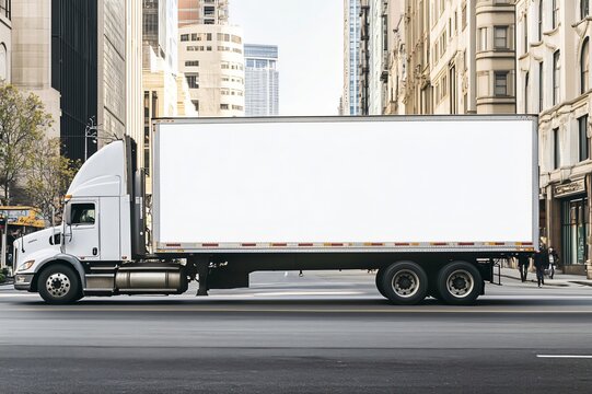 Empty billboard on the side of a white semi truck driving through the city
