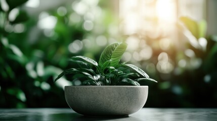 A solitary green potted plant sits gracefully on a smooth surface, bathed in warm light, surrounded by a lush green and naturally vibrant background, symbolizing growth and serenity.