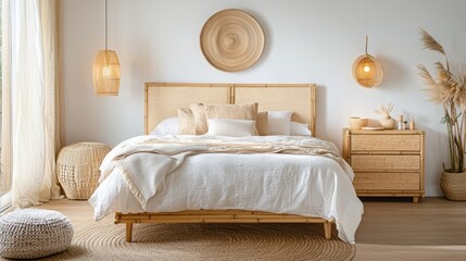 Light and airy bedroom featuring natural wood furniture, soft textiles, and minimalist decor for a serene, modern atmosphere.