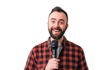 Young man, either an influencer or singer, confidently holding a microphone while recording his voice for broadcasting, isolated on a transparent background.