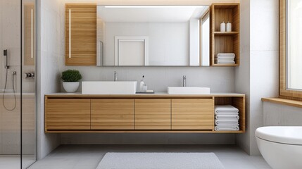 Modern bathroom interior featuring elegant wooden vanity, mirrors, and organized towels in a bright, stylish space.