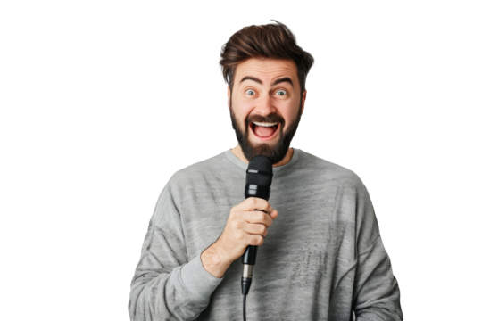 Portrait of a young male influencer or singer, holding a microphone as he records his voice for broadcasting, isolated on a transparent background